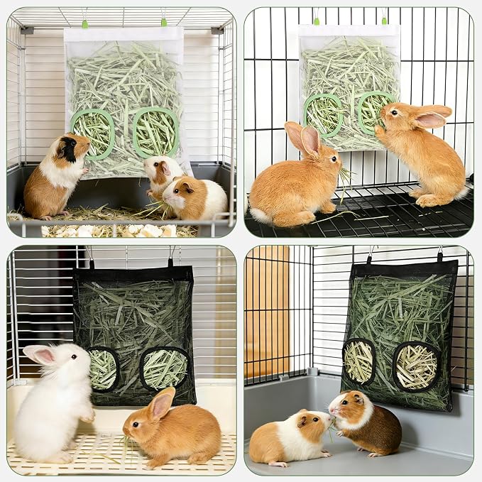 Mesh Guinea Pig Hay Feeder Bag for Guinea Pigs Rabbits Chinchillas, Hanging 2-Hole Hay Dispenser Breathable Wear-Resistant (Black)