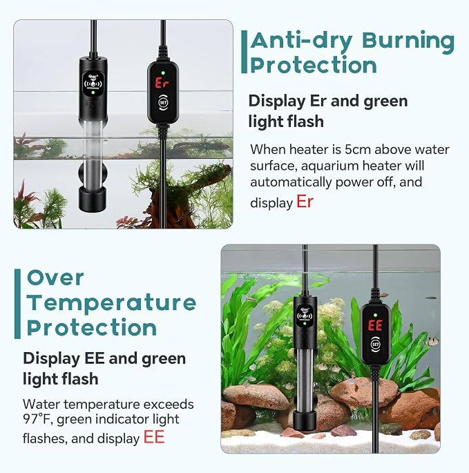 hygger Submersible Aquarium Heater, Small Adjustable Fish Tank Heater with 2 Suction Cups, Temperature Controller, Over-Temperature Off-Water Protection for Saltwater Freshwater (25W, 2-5 Gallon)