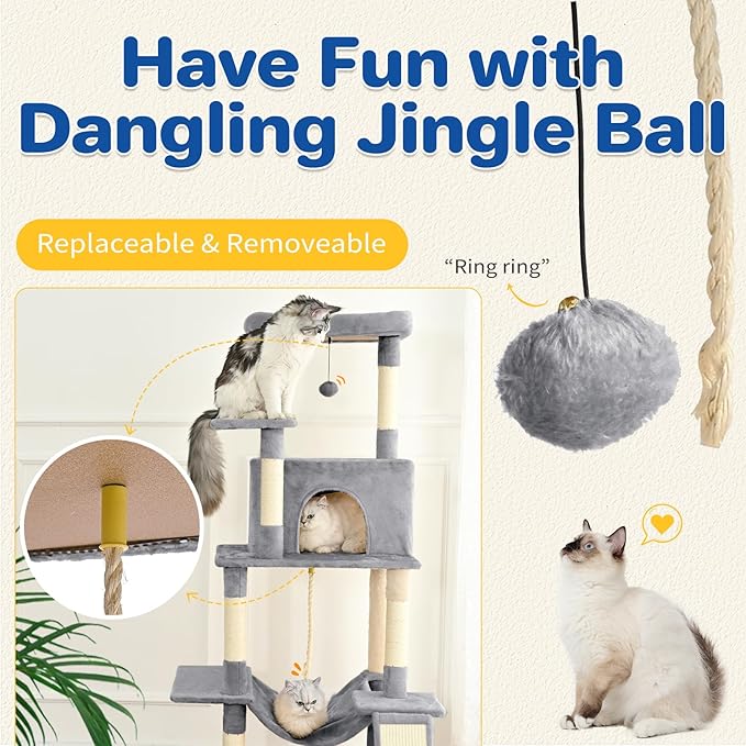 ABCPET Cat Tree Tower 63in Multi-Level Cat Tower for Indoor Cats with Sisal Scratching Posts, Condo, Hammock, Dangling Ball and Extended Platform for Cats to Play, Light Grey