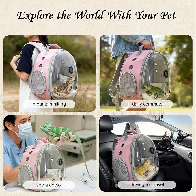 Bearded Dragon Travel Backpack Carrier with Reptile Thermometer and Humidity Gauge Lizard Travel Cage Space Capsule Clear Bubble Window Astronaut Reptile Bag for Ball Python (Pink, BE Backpack)