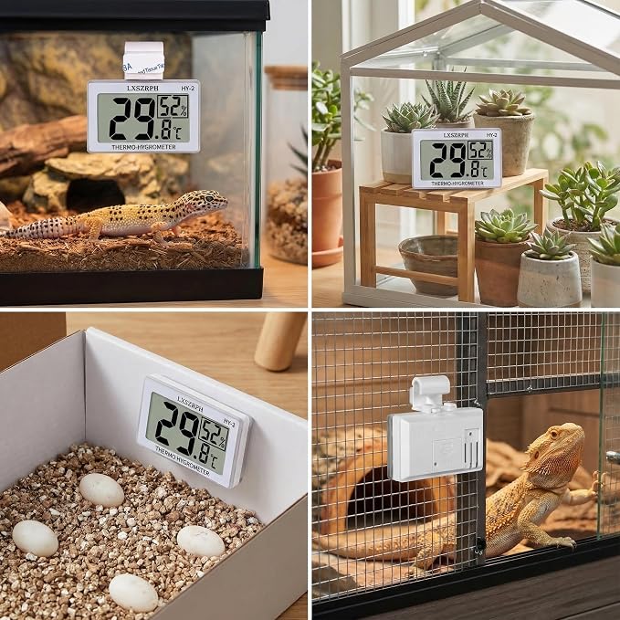 Reptile Hygrometer Thermometer, Digital Amphibian Hygrometer Thermometer with Hook, Temperature Humidity Meter Gauge for Reptile Tanks, Terrariums, Vivarium, LCD Display (2 Packs)