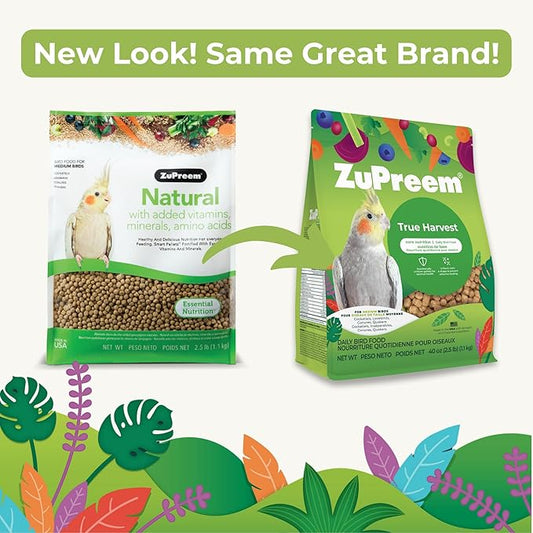 ZuPreem True Harvest Bird Pellets, Daily Bird Food for Cockatiel, Lovebird, Quaker, Small Conure, Lorikeet, Core Nutrition for Medium Birds, Added Vitamins, Cockatiel Pellets (M, 2.5 lbs)