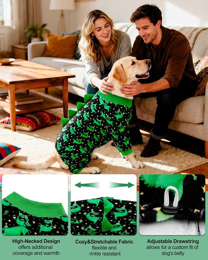 CuteBone Dinosaur Costume Dog Pajamas, Stretchy Spandex Crystal Velvet Sleepwear Coat for Small Dogs, Soft & Warm Pet Outfit Clothes for Cold Weather, Cozy Pullover Design COSP14-4XL