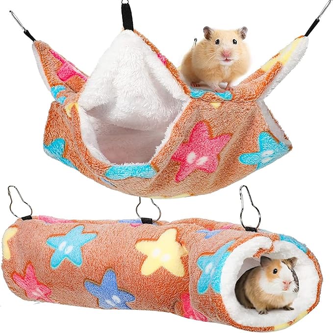 Double Hammock Hanging Tunnel for Ferret Bed and Cage Accessories, Rat Cage Hammock, Sugar Glider Toys(Brown,Starfish)