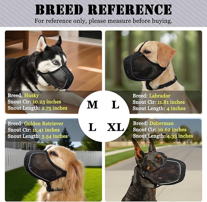 Mayerzon Dog Muzzle, Patented Mesh Soft Muzzles for Large Medium Small Dogs Poodle Husky Doberman Labrador Retriever for Scavenging Grooming Biting Chewing, Breathable Reflective Mussel with Collar