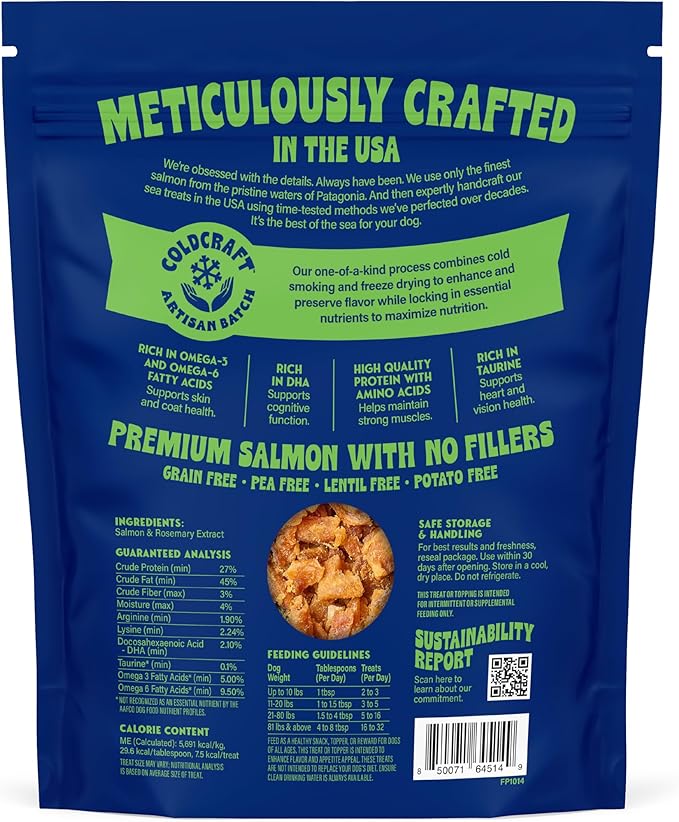 Finfare Freeze Dried Dog Food Toppers, Salmon Crumbles, Protein & Omega-3s, Grain Free Salmon Training Treats and Meal Toppers for Dogs, Crafted in USA, 9oz