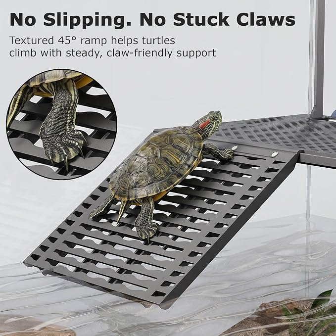 Upgraded Hanging Turtle Basking Platform with Built-In Feeding Tray, Stainless Steel Hooks, Non-Slip Ramp, No Zip Ties, Heavy-Duty Turtle Dock for 30 Gallon Aquariums