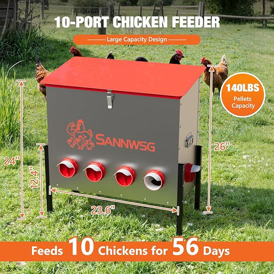 Chicken Feeders,126 lb Capacity 10 Port Automatic Chicken Feeder, Metal Chick Feeder with Locking Lid and Legs, Chicken Feeder for Chickens, Ducks, Geese