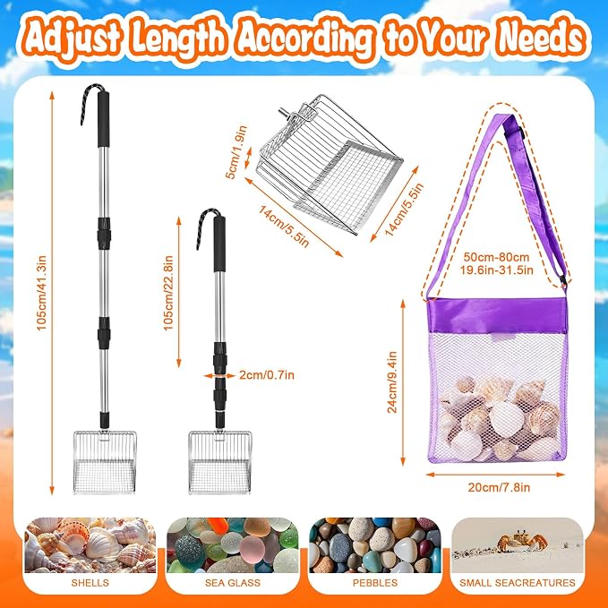 2 x Beach Sand Sifter,Metal Beach Shovel Set, with 2 Seashell Bags,Stainless Steel Sand Scoop with Adjustable Handle,Portable Tool for Shell & Shark Teeth Collecting,Kids Adults Outdoor Beach Supplies