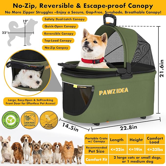PAWZIDEA Pet Stroller 4 in 1, Foldable Cat Stroller with Detachable Carrier for Small Medium Dogs & Cats, Escape-Proof No-Zip Canopy, Lightweight Portable Travel Crate & Car Seat Combo, Storage Basket