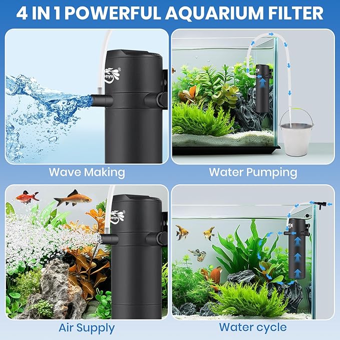 Aquarium Filter for 30-70 Gallon Tank, Fish Tank Filter with Wave-Maker Oxygenation Circulation, Adjustable Air Flow Filter for Freshwater & Saltwater, 4 in 1 Submersible Filter (12W)