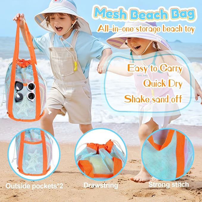 Beach Sand Toys with 2-Pack Collapsible Buckets & Shovels for Kids | Foldable Pail Bucket with Shovels & Mesh Bag, Large capacity, Potable for Shell Collecting Castle Building Summer Travel