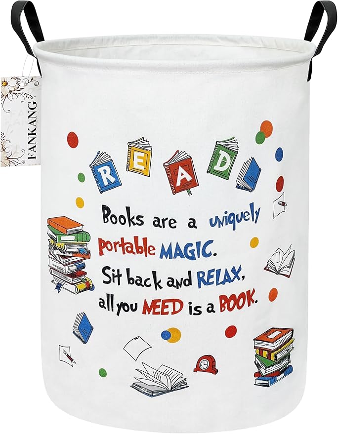 Storage Basket, Nursery Hamper Canvas Laundry Basket Foldable with Waterproof PE Coating Large Storage Baskets for Kids Boys and Girls, Office, Bedroom, Clothes,Toys(Reading)