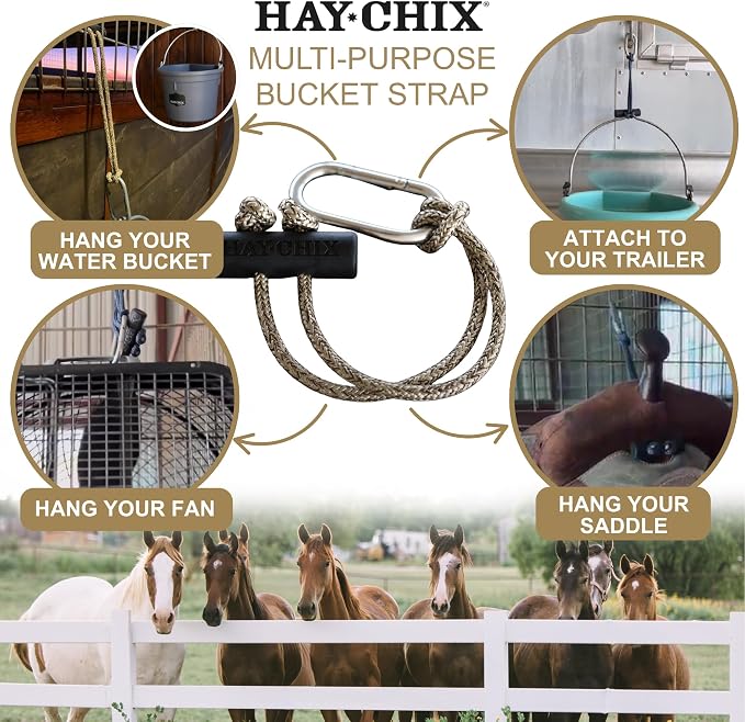 hay chix Horse Bucket Strap for Stalls | Bucket Hanger for Water Buckets | Multipurpose Hanging Strap for Trailer, Barn, Stable, and Horse Show Use | Easy to Use, Durable | 14 Inch, R. Gold