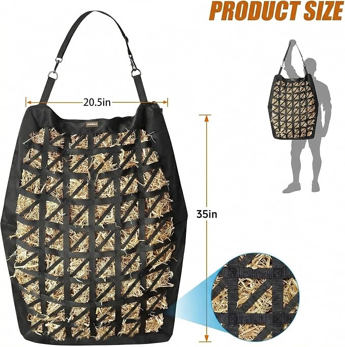 Hay Bag for Horses,Ultra-Slow Feed Hay Bag for Ground Feeding,Designs for Horses,Goats,Cows,Premium 1680D Oxford Cloth,Easy to Fill and Hang with Wide Opening and Adjustable Straps (1)