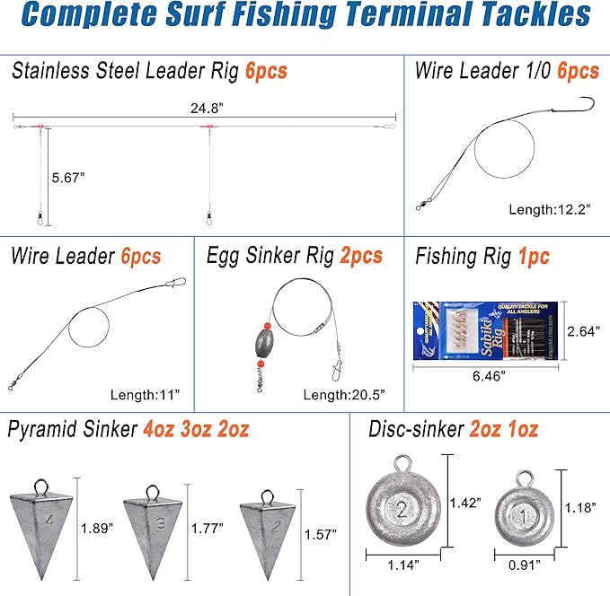 Saltwater Fishing Tackle Kit,160pcs Surf Fishing Gear Set Saltwater Lures Bucktail Jigs Fishing Bait Rigs Pyramid Sinkers Leaders Hooks Swivels Ocean Beach Fishing Accessories with Tackle Box