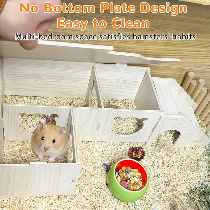 Hamster Hideout Multi-Chamber Hamster House Maze Tunnel Rat Cage Platform Stand Boards Habitats Decor Accessories for Gerbils Mice Lemmings (M)