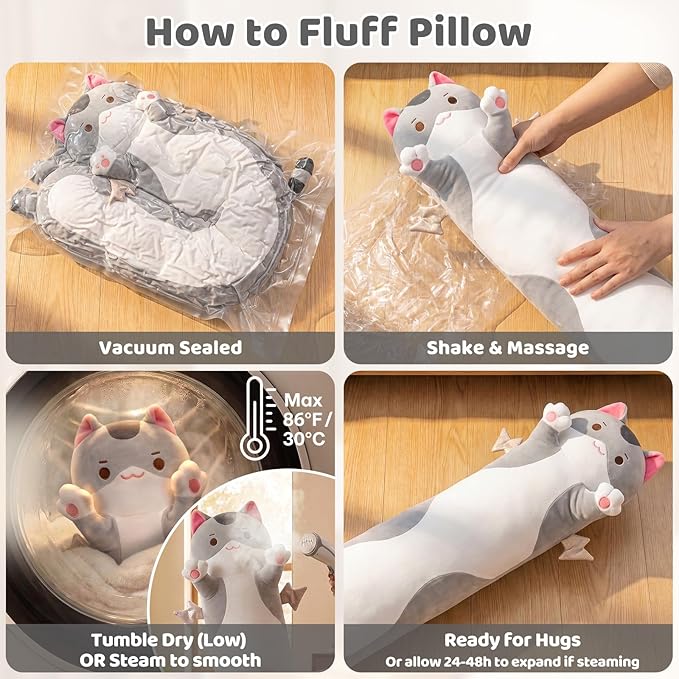 Mewaii Long Cat Plush 5 Sizes, 120% Extra Filling Giant Plushness Kids Body Pillow, Kawaii Cute Grey Cat Stuffed Animals Plushies, Big Long Body Pillow Cat Plush Gift for Girls 53”