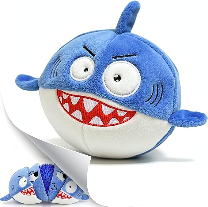 3 in 1 Squeaky Soft Plush Durable Dog Chew Toy for Aggressive Chewers, No Stuffing Interactive Tough Rip & Reveal Crinkle Blue Shark Ball in Gift Box, Puppy, Small & Large Breed Pets Birthday Present