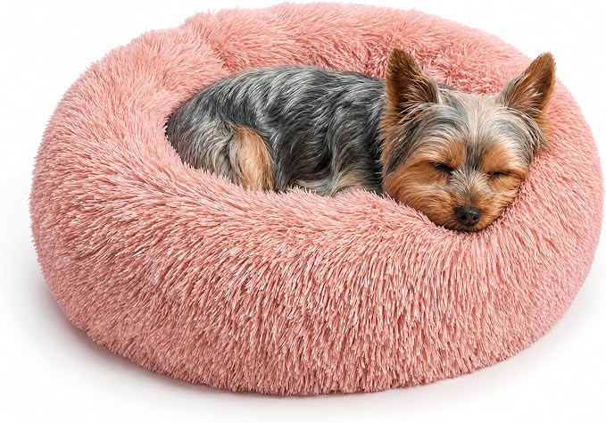 Extra Small Dog Bed 19 Inch,Calming Donut Puppy Bed,Ultra Soft Faux Fur Round Dog Bed for Chihuahua Yorkie Maltese Pomeranian,Pink