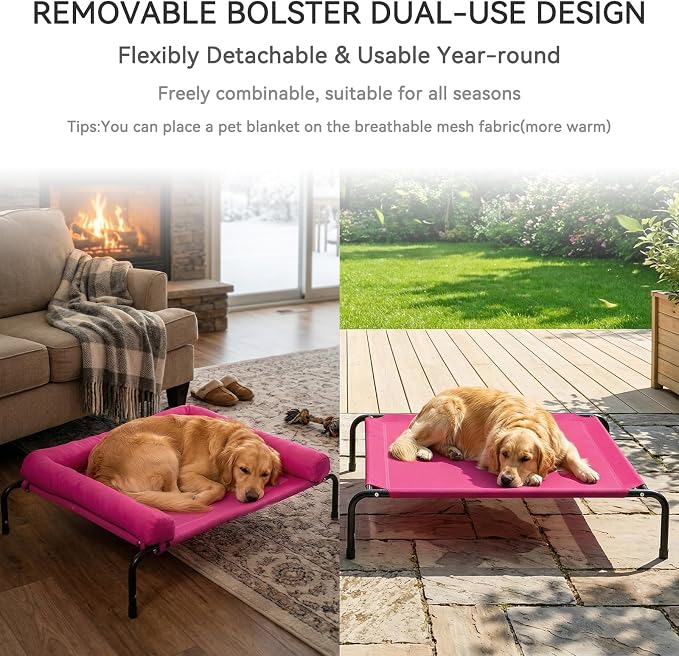 Cooling Elevated Dog Bed, Outdoor Raised Dog Beds, Medium Waterproof Dogs Cot W/Breathable Mesh, Pet Cot W/Portable Removable Bolster