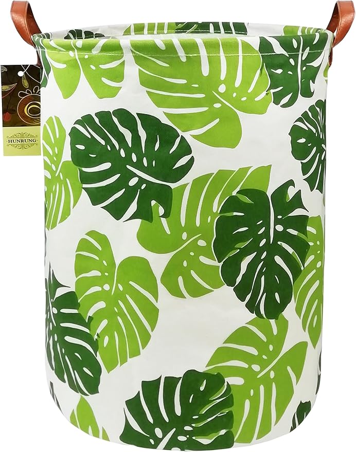 Collapsible Fabric Storage Basket, Waterproof Laundry Hamper with Handles, Round Storage Bin for Clothes Toys, Foldable Organizer for Bedroom Nursery Bathroom(Round Leaf)