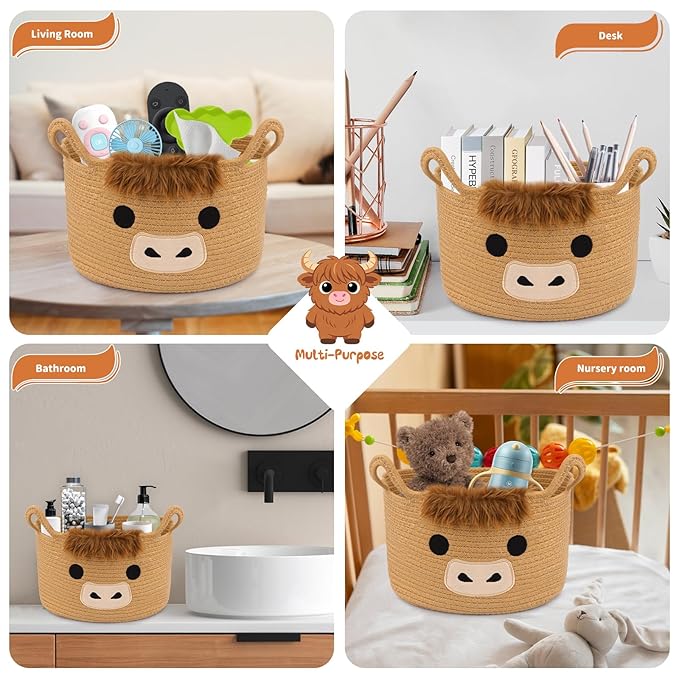 Oval Highland Cute Cow Basket for Nursery, Large Woven Gift Basket, Shelves Rope Cotton Storage Bins for Gifts Empty, Baby Shower Blanket with Handles,Towel Burr Decorative, 13"D x 8"H in
