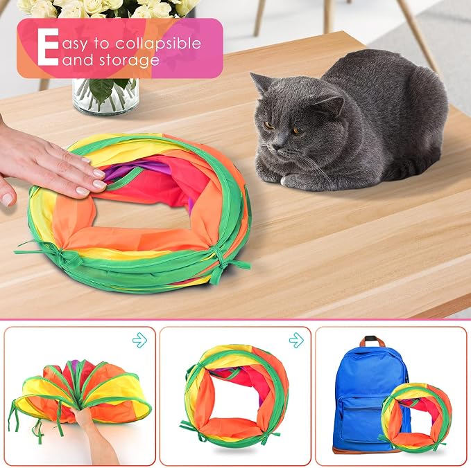 Ferret Guinea Pig Tunnel Collapsible Bunny Tube with 1 Play Ball 3 Ways Pet Rabbit Tunnels Hideout for Indoor Kitten Chinchilla Hamster Rat Small Pet Activity Fun Toys (Rainbow)