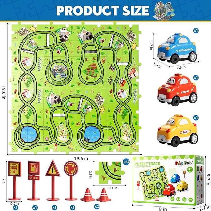 Beby Buty 64PCS Puzzle Track Car Set Toys for Kids Boys, Toddler Toys Gifts for 3 4 5 Year Old, Floor Puzzle Tracks Car for Boys Ages 3-5 4-6, for 3 4 5 6 Year Old