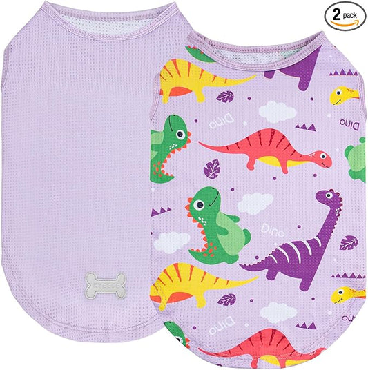 KYEESE 2Pack Dog Shirt, Lightweight Sun Protection Dog T Shirts for Small Dogs Boy Girl, Breathable Mesh Tank Top Sleeveless Pet Reflective Vest, Soft Summer Dogs Clothes, Dinosaur+Purple, L