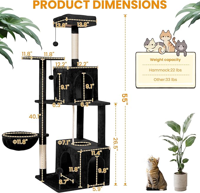 54-Inch Cat Tree Tower with 2 Caves & 2 Pompoms - Multi-Level Tower for Indoor Cats, Soft Plush Condo with Scratching Posts - Sturdy Base for Large Cats(Black)