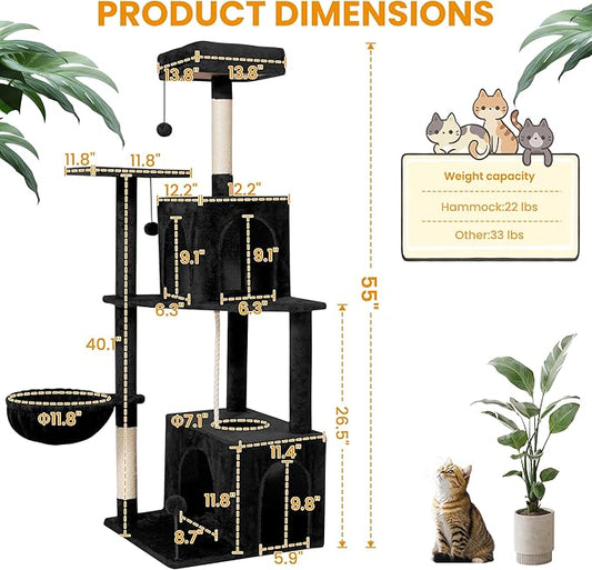 54-Inch Cat Tree Tower with 2 Caves & 2 Pompoms - Multi-Level Tower for Indoor Cats, Soft Plush Condo with Scratching Posts - Sturdy Base for Large Cats(Black)