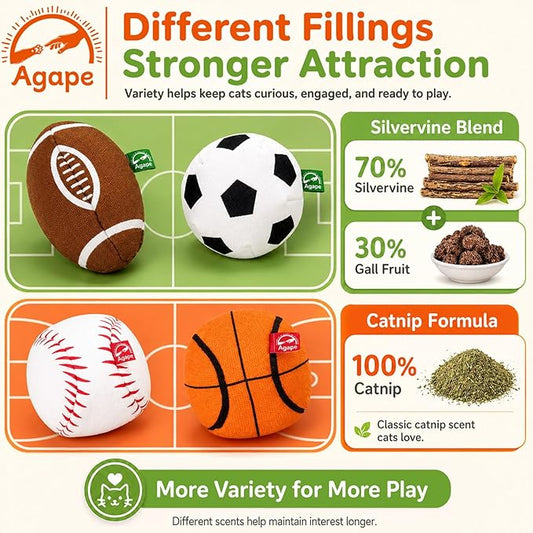 Agape 100% Catnip & Silvervine Filled Cat Toys, Interactive Chew & Kicker Balls for Indoor Cats, Enrichment and Teeth Cleaning Fun for Bored Cats and Kittens, 4 Pack Natural Crinkle Cat Toy with Sound
