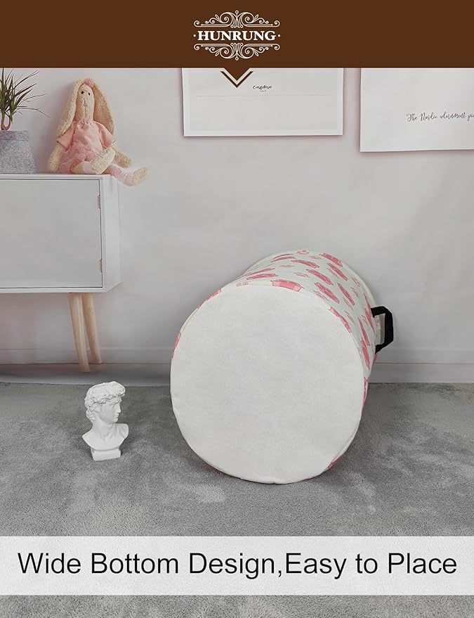 Collapsible Fabric Storage Basket, Waterproof Laundry Hamper with Handles, Round Storage Bin for Clothes Toys, Foldable Organizer for Bedroom Nursery Bathroom(Round-Pink Paw)