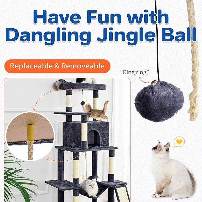 ABCPET Cat Tree Tower 63in Multi-Level Cat Tower for Indoor Cats with Sisal Scratching Posts, Condo, Hammock, Dangling Ball and Extended Platform for Cats to Play, Grey