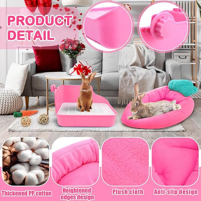 Abbylike 22 Pcs Rabbit Starter Kit with Cage, Rabbit Grooming Kit Bunny Cage Set with Bed, Litter Box, Water Bottle, Feeders, Toys, Grooming Cleaning Supplies for Indoor Rabbits Small Pets(Pink)