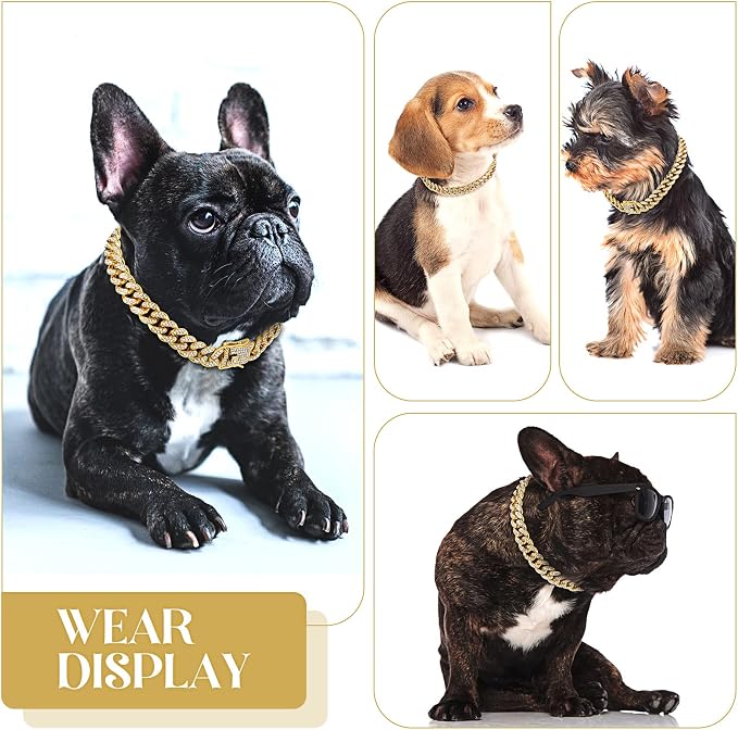 Tallew Gold Dog Chain Diamond Collar Walking Metal Chain Necklace with Secure Buckle Pet Cuban Style Collar Jewelry Accessories for Small Medium Large Dog Cats(14 inch)