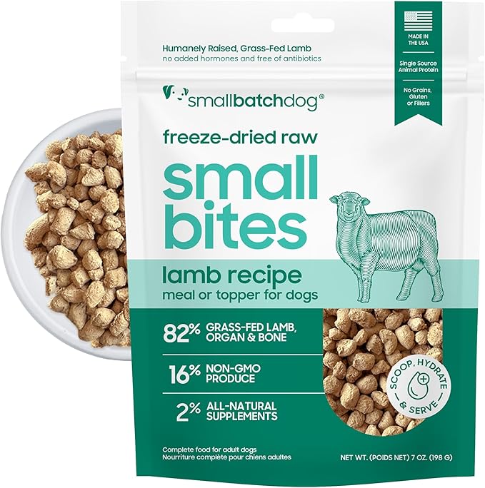smallbatch Pets Freeze-Dried Raw Dog Food – Lamb Recipe – 7oz Small Bites – High Protein, Grain Free – Complete Meal or Topper – Made in USA with Organic Superfoods 7 Oz, Lamb