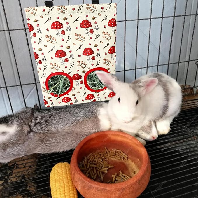 JarThenaAMCS 2 Pcs Rabbit Hay Feeder Bag with 2 Holes Mushroom Guinea Pig Hanging Hay Feeding Bag Red Storage Dispenser for Chinchilla Hamster Bunny Small Animal Pet, 11.5 x 9 Inch