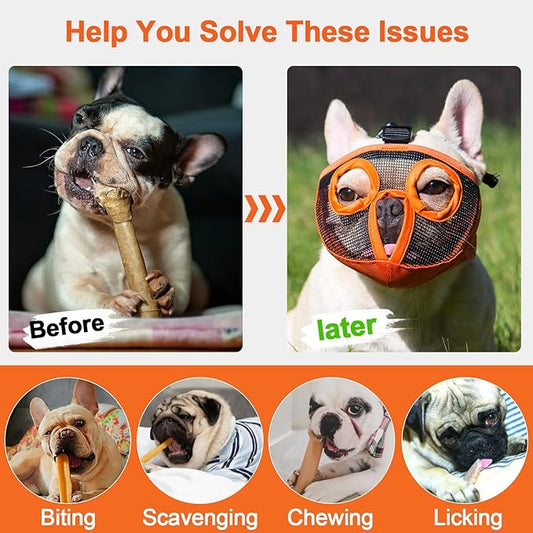 Short Snout Dog Muzzles- Adjustable Breathable Mesh Bulldog Muzzle for Biting Chewing Licking Training Grooming Dog Mask (Orange, Small/9"-12")