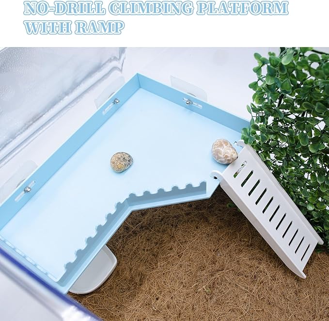 No-Drill Climbing Platform with Ramp, Hermit Crab Climbing Wall & Hideout, Multi-Level Platform with Ladder, No-Tools Mounting for Geckos, Small Lizards, Hamsters