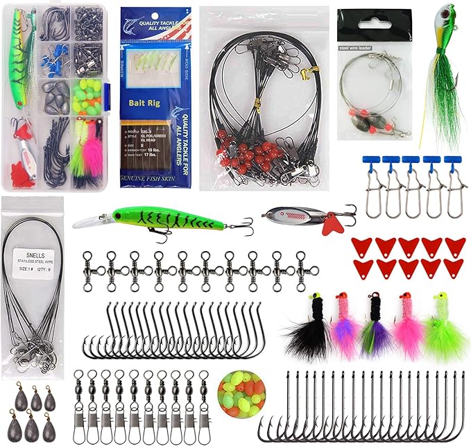 150pcs Saltwater Fishing Gear Surf Fishing Tackle Kit, Various Accessories Include Leaders, Bait Rigs, Spoons, Minnow Lures, Hooks, Swivels Snaps, Jigs, Sinker Weights