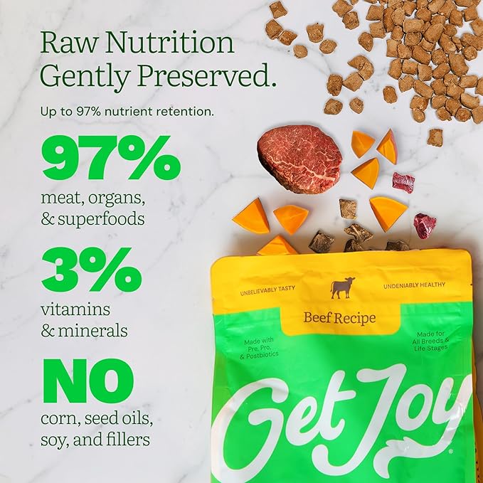 Get Joy Freeze Dried Raw Beef Meal, High Protein Grain Free, Dry Dog Food Meal Mixer and Topper, with Probiotics for Gut Health, Made with 100% USDA Organ Meat, for All Breeds and Ages, 16oz Bag
