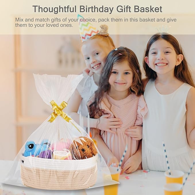 Small Woven Basket with Gift Bags and Ribbons, Empty Baby Gift Baskets for Kids Women Men, Shelf Storage, Small Cat Dog Pet Toy Boxes, 13”x 9”x 5.5”, Beige