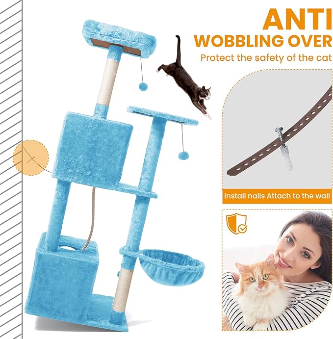 54-Inch Cat Tree Tower with 2 Caves & 2 Pompoms - Multi-Level Tower for Indoor Cats, Soft Plush Condo with Scratching Posts - Sturdy Base for Large Cats(Blue)