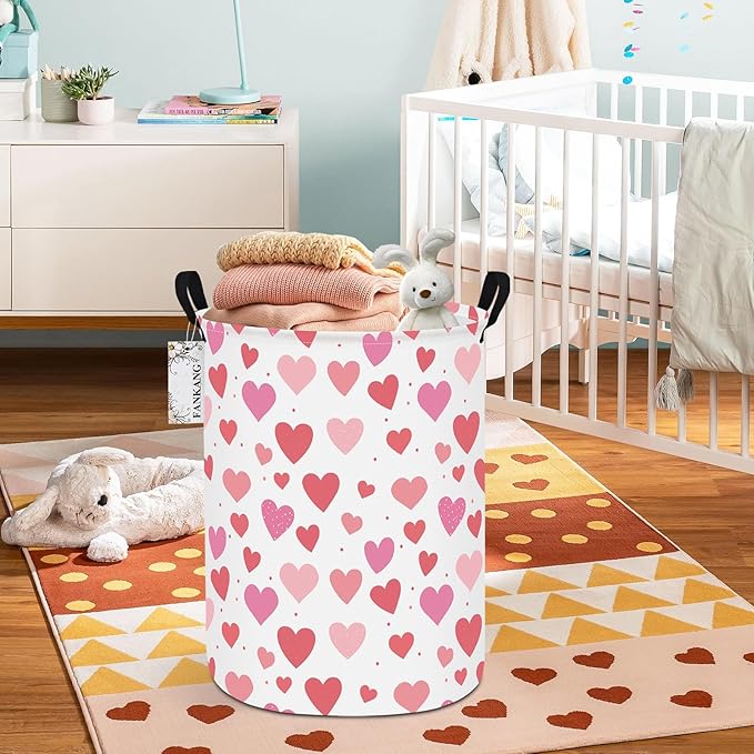 Storage Basket, Nursery Hamper Canvas Laundry Basket Foldable with Waterproof PE Coating Large Storage Baskets for Kids Boys and Girls, Office, Bedroom, Clothes,Toys(Colorful hearts)