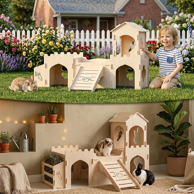 Wooden Rabbit House Extra Large 2-Level Bunny Hideout for Indoor Pets, Castle with Feeder & Stair