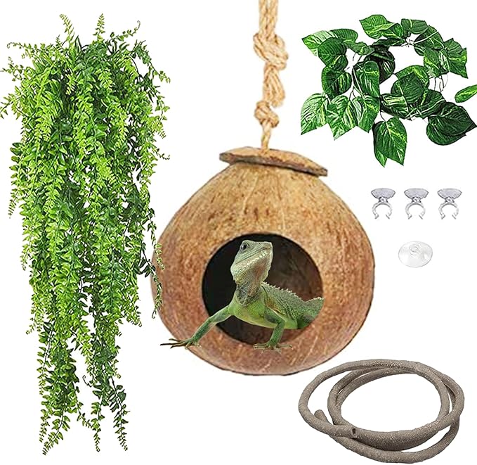 kathson Gecko Coco Hut Lizard Coconut Hide Cave Natural Coconuts Husk Reptile Hanging Nest Habitat Decor Bearded Dragon Terrarium Accessories for Crested Gecko Chameleon Snake Spider (4 PCS)