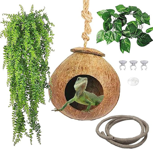 kathson Gecko Coco Hut Lizard Coconut Hide Cave Natural Coconuts Husk Reptile Hanging Nest Habitat Decor Bearded Dragon Terrarium Accessories for Crested Gecko Chameleon Snake Spider (4 PCS)