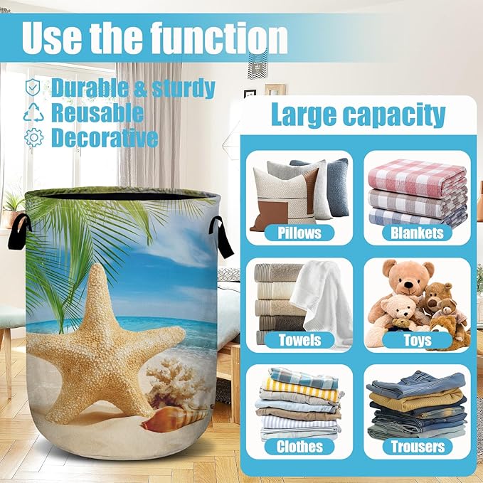Starfish Seashell Laundry Basket, Ocean Sea Beach Laundry Hamper Collapsible Oxford Cloth with Handle Clothes Storage Bin for Bathroom Laundry Room Bedroom 15.7 X 20 Inch